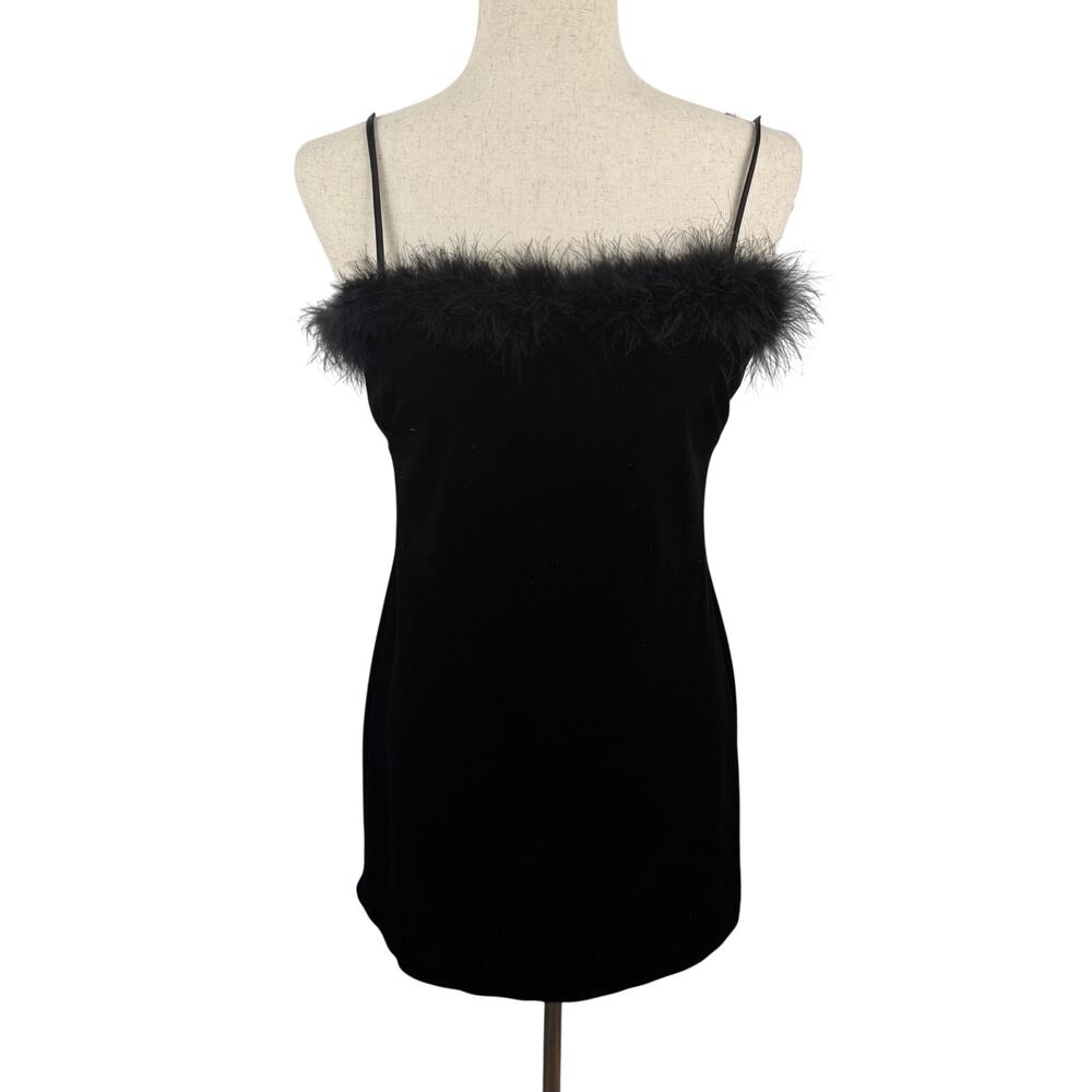 Vintage Steppin Out Black Velvet Thin Strap Feather Trim Mini Dress medium LBD